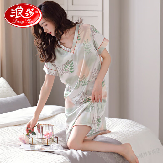 浪莎（LangSha）新款睡裙女夏季冰丝短袖中裙睡衣薄款夏天女款仿真绸缎夏款连衣裙 奶茶杏M9926 【短 袖/无胸垫】 M 160
