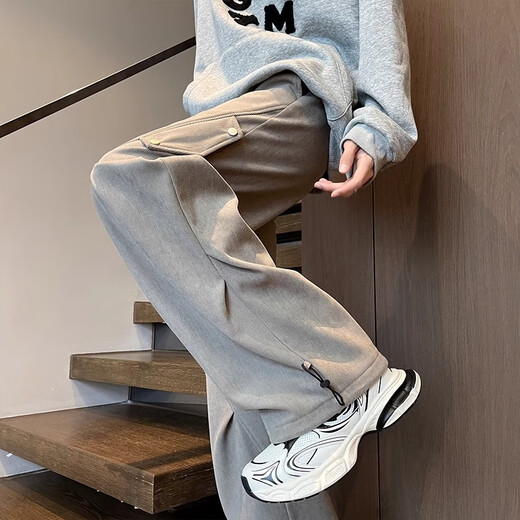 RFKU corduroy pants men's spring and autumn loose casual paratrooper pants trendy brand workwear plus velvet wide-leg sports pants for men gray green XL (recommended 135-150 Jin Jin equals 0.5 kg)