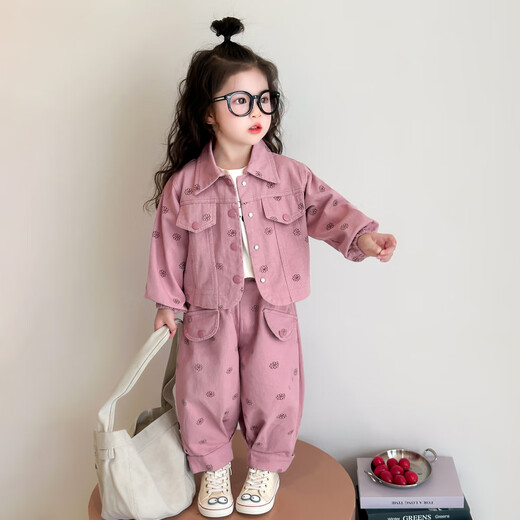 La tarjeta de la tarjeta es para el traje de niñas primavera y otoño 2025 ropa nueva para niños de la chaqueta de trabajo casual de la niña de la niña de dos piezas de dos piezas de loto rosa rosa y traje de otoño de 110 cm recomendado para 3-4 años (aproximadamente 105 altura)