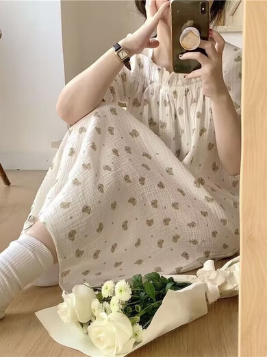 
Huilie Korean sweet and cute little bear cotton yarn nightgown women's 2024 new summer day short-sleeved pajamas dress home QS skirt #9871 (with chest pad) M recommended 80-100Jin [Jin equals 0.5 kg] wear equal size