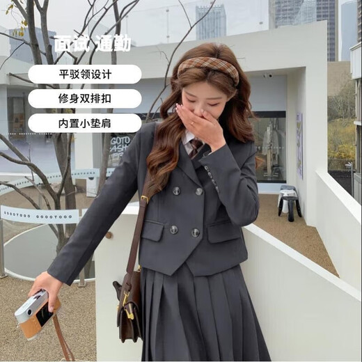 Customized (CECAI) college style gray suit for women 2025 spring new loose slim suit pleated skirt two-piece set black (suit + shirt + skirt) S