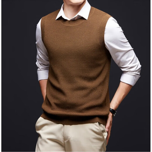 International Milan Light Luxury Men's Clothing High-end Brand Sweater Vest Men's Spring and Autumn Round Neck Solid Color Wool Vest Men's Saddle Brown XL (180)