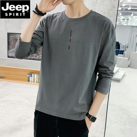 JEEP SPIRIT长袖T恤男春夏薄款纯棉打底衫春秋加大码男装中青年小衫外穿秋衣 692杏色 4XL