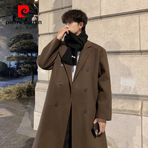 Pierre Cardin Korean style winter trendy thickened woolen coat men's British style 2024 casual extra long over-the-knee woolen windbreaker jacket black 3XL