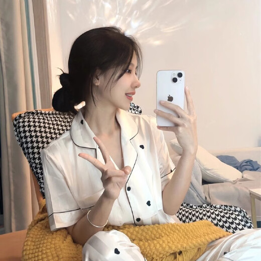 港莲娅冰丝睡衣女春秋款爱心新款家居服秋季女士感大码套装宽松夏季 高品质-f-9905短袖长裤 M  建议80-100斤