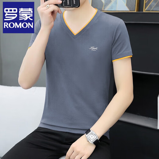 罗蒙（ROMON）青年棉v领半袖t恤男士夏季新款男士新款纯色鸡心领短袖t恤衫帅气 白色 QY691 M 90-斤