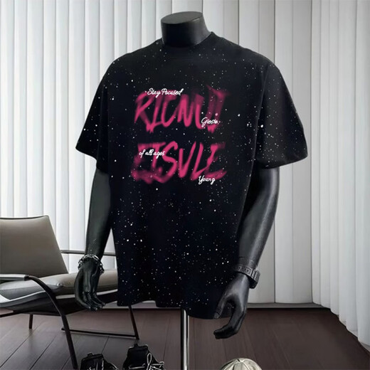 Jinrenchu 2025 Été Nouveau American Star T-shirt lourd à manches courtes Ins Ins Round Round Col Top polyvalent M7 Black à manches courtes 733 S