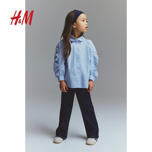 H&M Spring Children's Clothing Children's Girls Soft Striped Lantern Sleeve Cotton Shirt 1268343 Light Blue/Stripes 90 90/52 (1.5-2Y)
