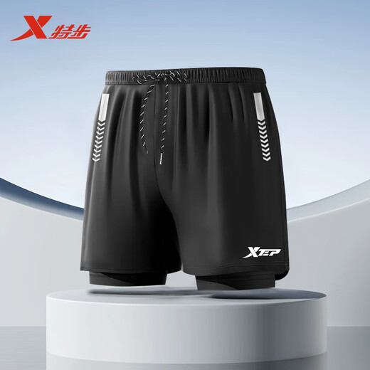 Extstep swimming trunk men's three-piece quick-drying double-layer anti-embarrassing loose swimming trunks swimming goggles swimming cap set large-size swimming equipment classic black single strip (hot-selling model) XL Recommended weight 110-130 Jin [Jin equals 0.5 kg]