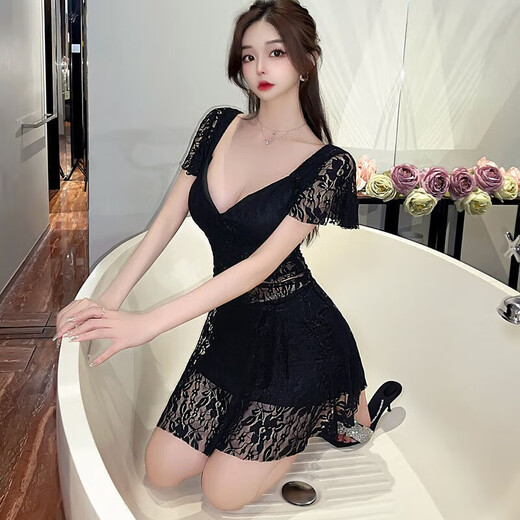 欲动夜店性感连衣裙微胖夜场技师女装短袖款足浴低胸V领修身收腰裙子 气质黑 L 110~120斤