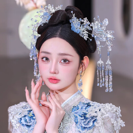 Shiyun bridal tiara Chinese style Xiuhe elegant new ancient costume blue glazed flower hairpin dress wedding dress cheongsam with ice blue Xiuhe tiara set (ear hooks with pierced ears)