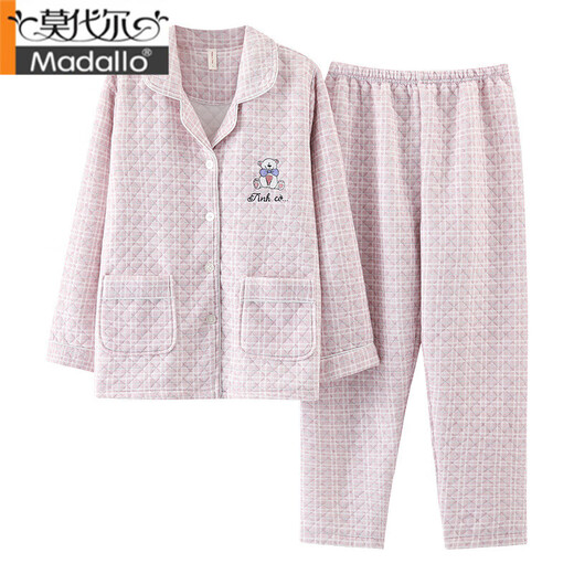 莫代尔睡衣女春秋空气夹层加厚长袖纯棉开衫薄夹棉女式家居服套装 XP4839 XL