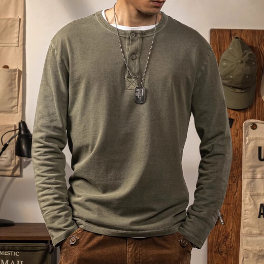 JEEP SPIRITT shirt Henry shirt men's long-sleeved Henry collar American retro distressed military green cotton bottoming shirt high-end autumn and winter top white 2XL reference 173~195Jin Jin equals 0.5 kg