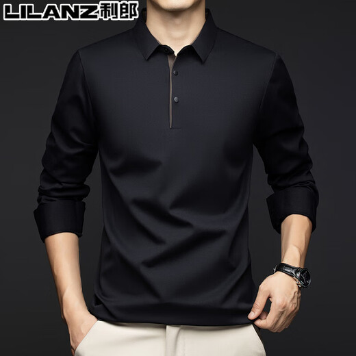 利郎男装长袖t恤春秋新款中青年纯色翻领免烫时尚休闲Polo衫 【1105-纯色领】黑色 L 175