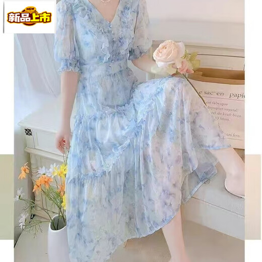 First-Pad French Tea Break V-Ausschnitt Schönes Blumenchiffon-Kleid für Frauen Sommer 2025 Neue Temperament Taille-Hugging Fairy Long Rock Green 736# [Versionskleid] XL [Empfohlen 120-135jin [Jin gleich 0,5 kg]]]