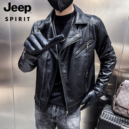 JEEP SPIRIT motorcycle leather jacket for men in spring and autumn new style suit collar handsome pu jacket slim short British style black 2XL 140-155Jin [Jin equals 0.5 kg]