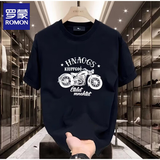 Romon Trendy Marke Heavy Pure Pure Cotton Kurzärmelte T-Shirt für Männer im Sommer Retro Motorraddrucker Schulter Rundem Hals halbärmelig T-Shirt für Männer 683 Black S (Empfohlen 80-100jin [Jin gleich 0,5 kg]))