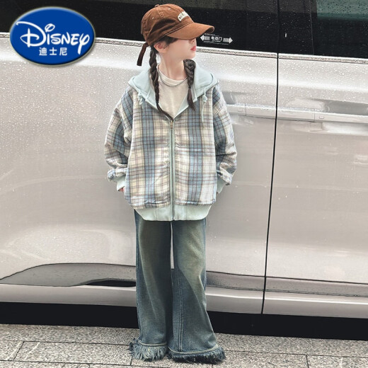 Disney girls' jacket spring and autumn style 2025 new fashionable children's double-sided autumn clothes fashionable street girl plaid sweatshirt 7027 blue blue plaid double-sided coat 130 cm