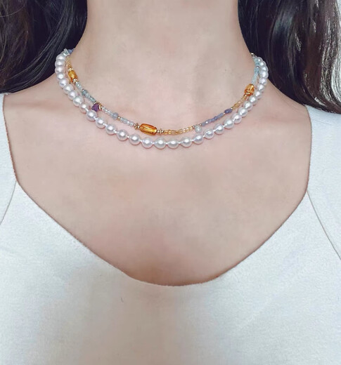 Li Shen's original design of natural amber, amethyst, aquamarine, tanzanite, American 14K gold choker beaded necklace, a customized adjustable necklace