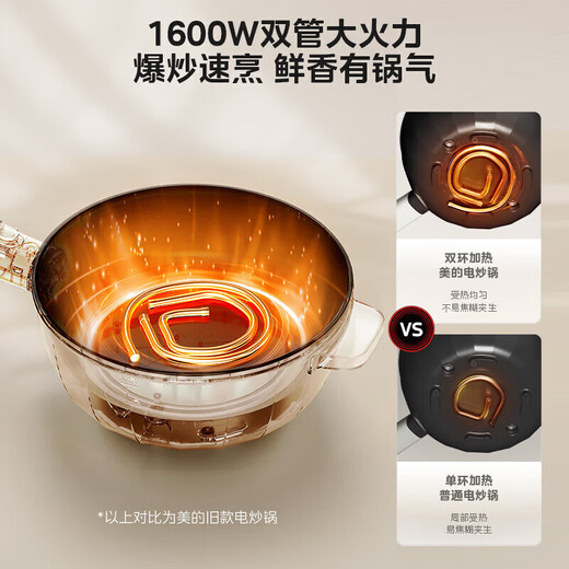 Midea electric wok non-stick all-in-one plug-in multi-function iron pot electric wok multi-function all-in-one 2025 new cooking pot plug-in one household steaming, frying and frying multi-purpose pot 3.5L with steamer oil temperature red light reminder HCG2572