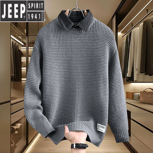 JEEP SPIRIT假两件毛衣男秋冬季2024新款套头线衣服加厚保暖衬衫领打底针织衫 M9905咖啡色 (约90~110斤可穿) M