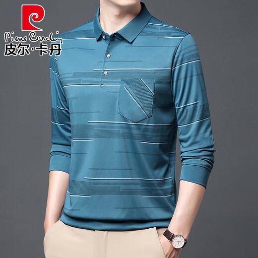 皮尔卡丹（pierre cardin）夏季冰丝男士t恤长袖春秋新款中老年休闲男装薄款爸爸有兜体恤衫 B753横条 蓝色 4XL 190/130/58