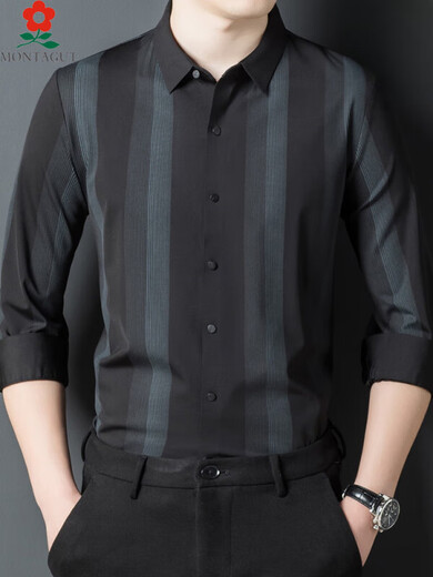 Mengtejiao men's mulberry silk men's long-sleeved shirt for spring middle-aged high-end business casual striped non-iron shirt 9922-purple red one size 165/M suitable for 100-115Jin [Jin equals 0.5 kg]
