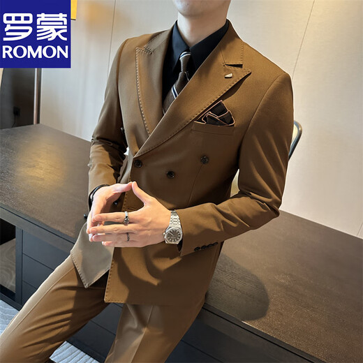 Romon (Romon) Brown Double Breasted-Anzug Anzug Britisch schlanker Männer großer Anzug dreiteiliger Anzug Hochzeitsbräutigam-Kleid-Trend dunkelgrün (Anzug + Weste + Hosen) 54 (135-145jin [Jin gleich 0,5 kg]) 2xl