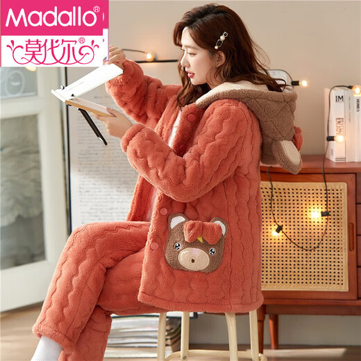 Modal pajamas for women in winter coral velvet three-layer cotton thickened plus velvet cute cartoon flannel warm home clothing set Y1-9906 (lamb style) XL (height 165-170cm, weight 115-130