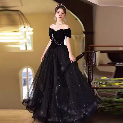 AIFANGNIAO high-end French dress women's banquet evening dress one-shoulder host light luxury niche adult ceremony student art test skirt black L