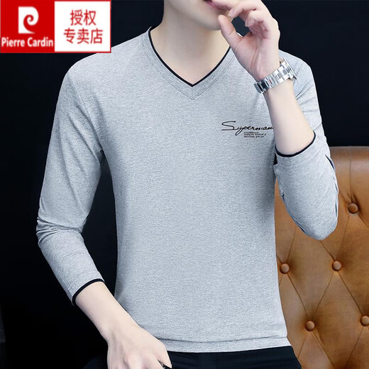 Pierre Cardin spring and autumn long-sleeved T-shirt men's pure cotton v-neck casual versatile youth slim autumn outer wear sweetheart collar bottoming shirt black YP-C4033 M