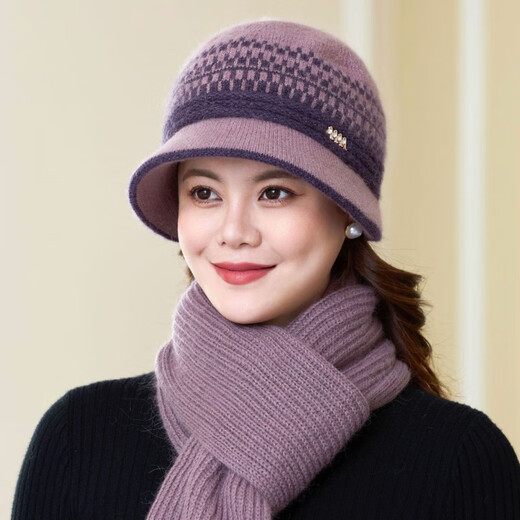 恒源祥妈妈帽女中老年秋冬百搭时尚兔毛线盆帽加绒加厚抗寒保暖针织帽 皮红色 帽子围巾两件套