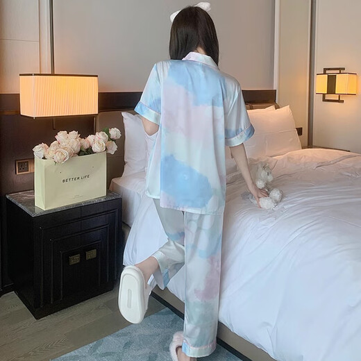 港莲娅冰丝睡衣女夏季薄款感短袖长裤三件套休闲宽松网红家居服外穿 l9214短袖短裤 M  建议80-100斤