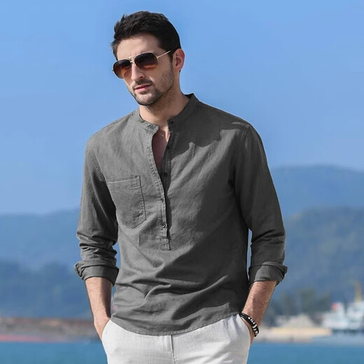 Kazuki Kuraishi Kazuki high-end cotton and linen Henry collar shirt men's trendy brand 2025 summer new stand-up collar long-sleeved T-shirt spring and autumn dark gray XL