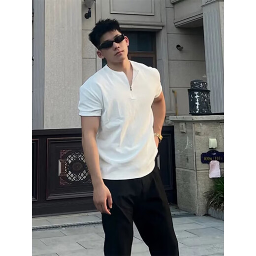 迪伽达亨利领polo衫男士短袖男夏季半拉链男士t恤男宽松短袖复古t恤男潮 QSCZ-T132黑色 XL
