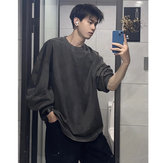 NYING American heavyweight pure cotton right shoulder long-sleeved T-shirt for men 25 spring and autumn new trendy casual large size loose top black XL (125-145Jin Jin equals 0.5 kg)