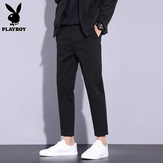 Pantalones casuales playboy pantalones de nueve puntos para hombres 2025 verano delgado y versátiles pequeños pantalones para hombres negocios de pantalones largos formal ropa para hombres 1502 negro [nueve puntos] 30 recomendado [116-120Jin [Jin equivale a 0.5 kg]]