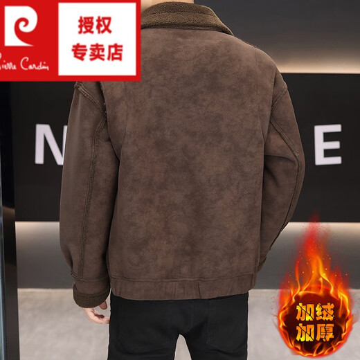 Pierre Cardin fur integrated men's winter velvet thickened deerskin lapel jacket warm cotton jacket trendy brown 3XL