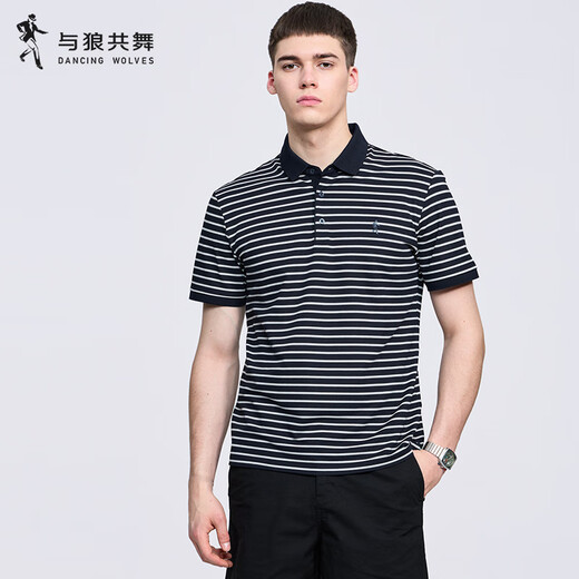 与狼共舞【含桑蚕丝】条纹翻领短袖T恤男2025夏季新款休闲透气Polo衫6196 深蓝102 M (170)