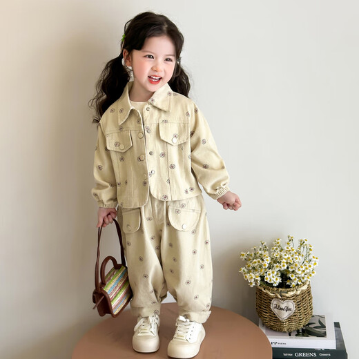 La tarjeta de la tarjeta es para el traje de niñas primavera y otoño 2025 ropa nueva para niños de la chaqueta de trabajo casual de la niña de la niña de dos piezas de dos piezas de loto rosa rosa y traje de otoño de 110 cm recomendado para 3-4 años (aproximadamente 105 altura)