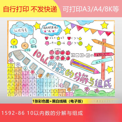 1592-86十10以内数的分解与组成一年级数学手抄报模板电子版电子版素材