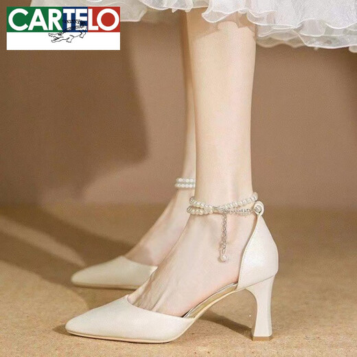CARTELO high heel sandals for women 2025 summer new European and American fashion bag head shallow mouth hollow one-letter pearl buckle women's shoes 9208 white 5cm 36