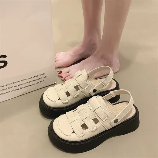 高级感厚底罗马凉鞋女夏季两穿包头半拖2025新款沙滩凉拖鞋洞洞鞋 卡其色 39