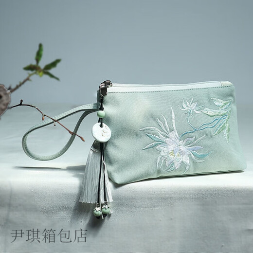 Yinqi fabric simple antique zipper embroidery mobile phone key canvas small bag clutch bag coin purse for women cyan blue epiphyllum embroidery-thickened with hanging ornaments