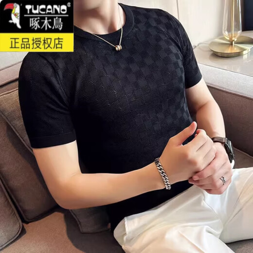 啄木鸟冰丝清凉镂空针织短袖T恤男白色修身弹力轻奢棋盘格子T恤 T9756圆领短袖T恤白色 M 建议体重100-110斤