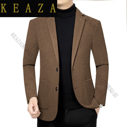 KEAZA轻奢男装高档品牌春秋季新款羊毛西装外套男毛呢西服修身单西外套 咖色 M 170