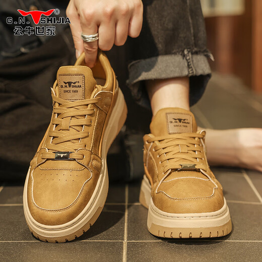 Bull Family Herrenschuhe, Frühlings- und Herbst-Retro Workwear-Schuhe, Herren-Low-Top-dick-gesetzte lässige Lederschuhe, Weizenfarbe 40