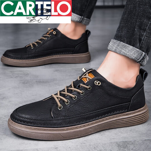 CARTELO crocodile leather sneakers large size summer new men's genuine leather casual leather shoes British business breathable thin non-slip anti-odor black--Four Seasons 36 leather shoe size