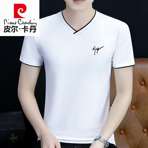 皮尔卡丹（pierre cardin）夏季高端男士短袖t恤v领纯棉半袖鸡心领体恤潮流修身上衣薄款男装 浅灰色 YD7029 M