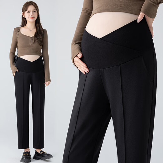 晞帆（XIFAN）孕妇裤夏季孕妇装冰丝休闲裤烟管西装裤九分裤小个子外穿直筒裤 6198交叉腰黑色 XXL（140-160斤）